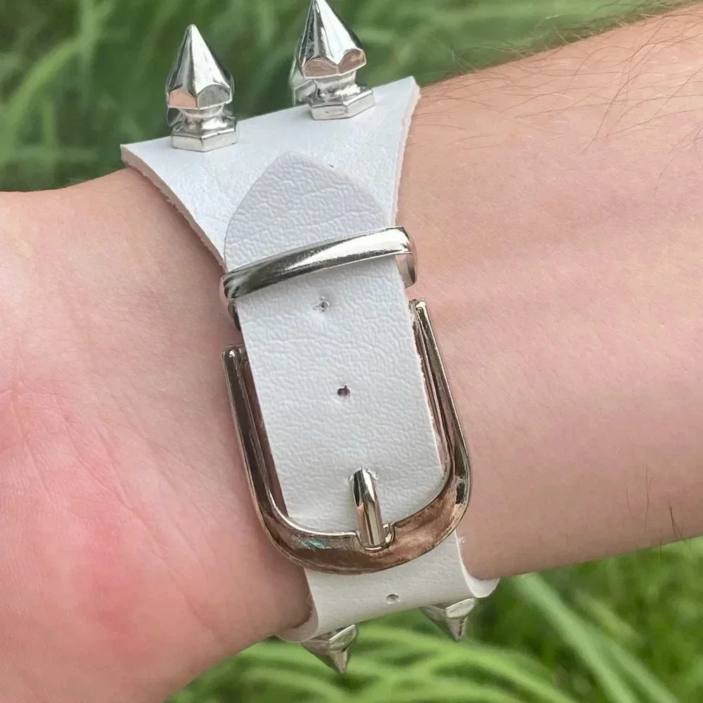 WhiteLeather Punk Goth Rock Double Spike Metal Stud Buckle Cuff Bracelet NEW